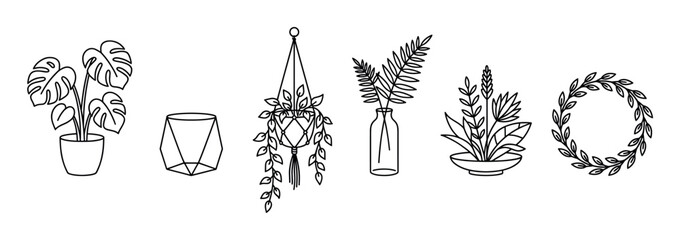Naklejka premium Set of hand-drawn houseplant illustrations in a minimalist line art style, including monstera, macrame hanger, terrarium, vase with fern, and a leafy wreath for home decor