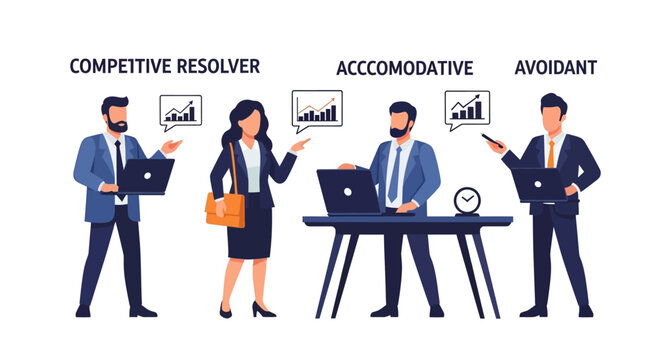 Business people exhibiting different conflict resolution styles in office