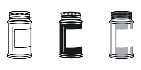 Three empty spice jars with blank labels in black and white and grayscale standing upright on a white background perfect for labeling or customization © sakibahmed