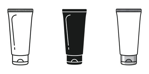 Three cosmetic tubes in black and white line art standing upright on a plain background for skincare and beauty product packaging design © sakibahmed