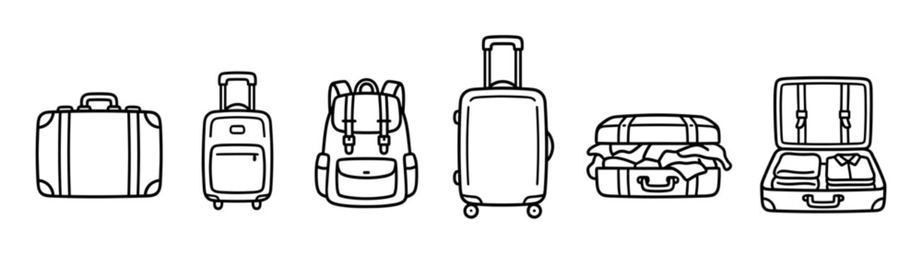 Collection of black and white travel luggage icons showing various suitcases, a backpack, and open bags with packed and messy clothes in a simple hand-drawn doodle style