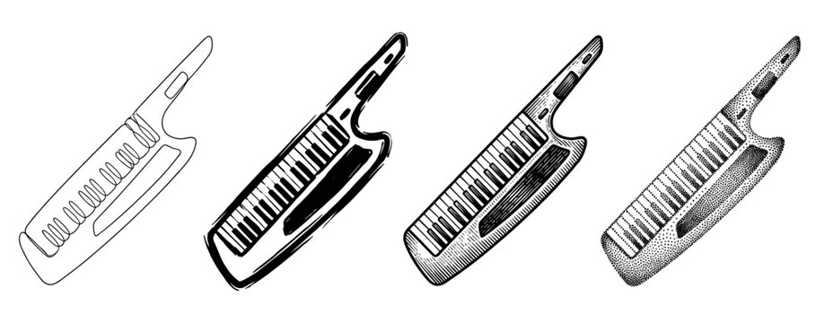 Four black and white keytar keyboard illustrations in a row, showcasing various graphic techniques like continuous line drawing, ink sketch, engraving, and dotwork art
