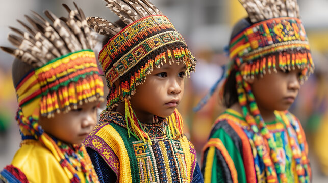 Kadayawan Festival, Indigenous Children Wearing Traditional Beaded Costumes at Kadayawan Festival Cultural Celebration in Davao City Philippines