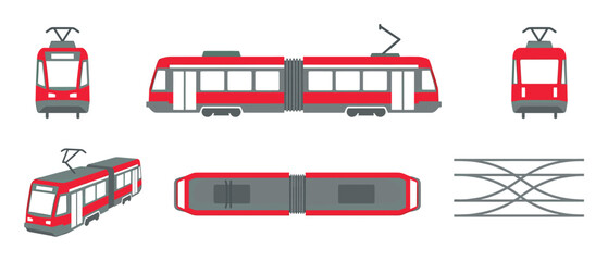 Obraz premium Red and grey modern tram illustration set showing different views including front, side, top, and isometric perspective in a flat vector design style for transportation concepts