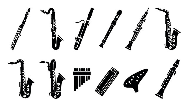 Collection of black silhouette wind instruments including the saxophone, flute, clarinet, oboe, and harmonica in a simple glyph icon style set for musical concepts