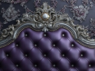화려한 은색 조각 장식과 진주 포인트가 돋보이는 보라색 가죽 터프티드 침대 헤드보드가 고풍스러운 꽃무늬 벽지와 어우러진 고급스럽고 우아한 클래식 인테리어 디자인.