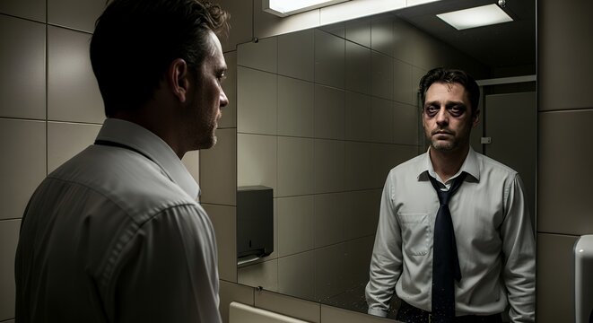 Corporate professional looking at mirror in office restroom exhausted reflection staring back dramatic lighting realistic emotional detail