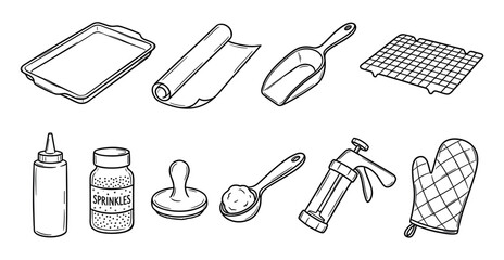 Collection of hand-drawn baking equipment and pastry tools including a baking sheet, cooling rack, cookie press, and oven mitt in a simple black outline doodle style