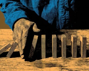 거친 손으로 쓰러지는 나무 블록들의 도미노 현상을 멈추어 위기를 극복하고 연쇄 반응을 차단하는 비즈니스 리스크 관리와 문제 해결의 개념을 시각화한 그래픽 일러스트레이션.