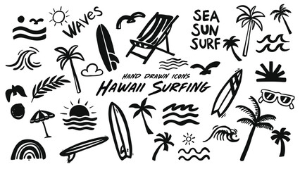 Hand drawn hawai surfing icons vector design
