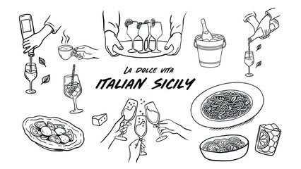 Italian Sicily Food and Wine Icons Set ? La Dolce Vita Hand Drawn Line Art Illustration