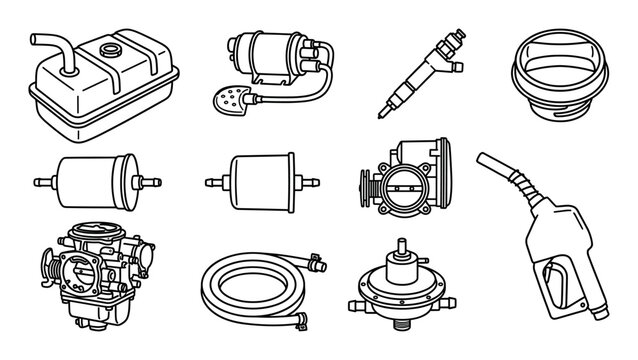 Collection of automotive fuel system parts including a tank, pump, injector, and carburetor drawn in a clean black and white line art style for technical diagrams
