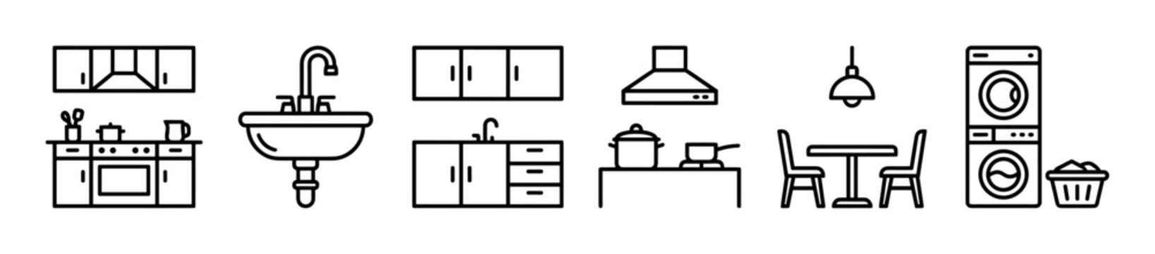Minimalist black line art icon set of kitchen and home elements including furniture, appliances, and laundry items like a stove, sink, and washer for interior design concepts