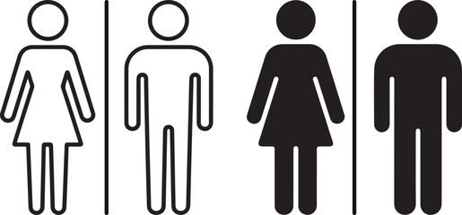 Black and white human male female toilet icons in four different styles side by side