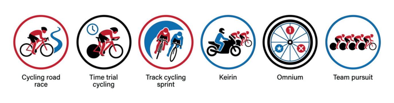 Set of six cycling sport icons representing different disciplines like road race, time trial, track sprint, keirin, omnium, and team pursuit in a simple graphic style