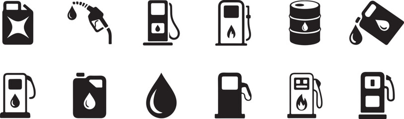 Black silhouettes of various petrol station and oil icons and symbols used for design
