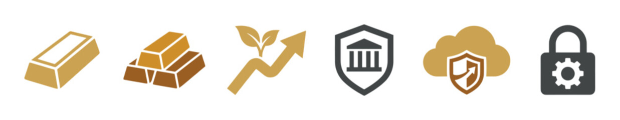 Flat finance and security icon set representing wealth, investment growth, bank protection, cloud safety, and secure settings symbols in a modern, minimalist graphic style