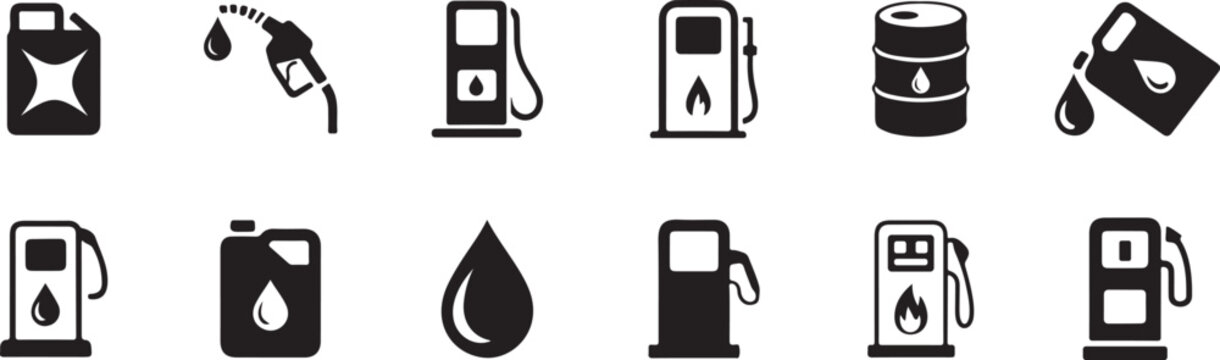 Black silhouettes of various petrol station and oil icons and symbols used for design