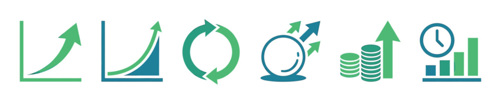Set of green and blue business icons representing growth, finance, and progress, including graphs, charts, arrows, coins, and a clock for data visualization and analysis