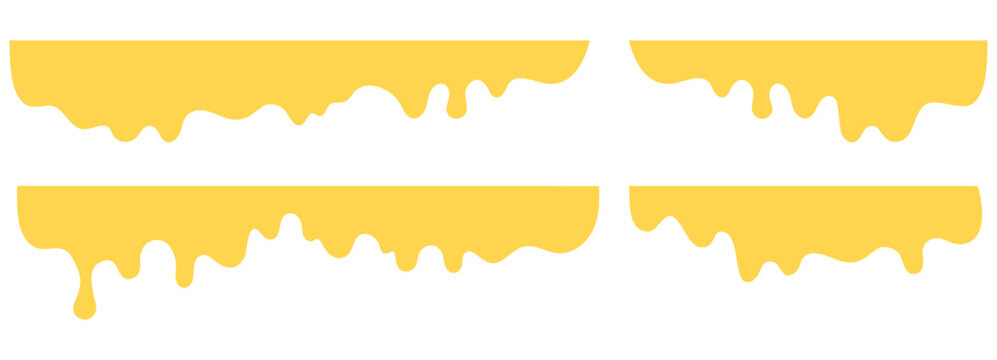 Yellow dripping borders set. Liquid honey paint drip edges isolated on white background. Vector melting divider shapes