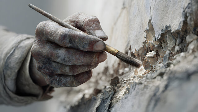 Closeup hyperreal of worker's hand with glasses applying wide trowel plaster, Kazakhstan site 2025 vibe, detailed grip. (112 chars)
