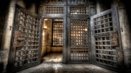 Imposing heavy iron gates stand partially ajar revealing an ancient textured passage, evoking a sense of historical mystery and forgotten secrets. © Bayunistudio