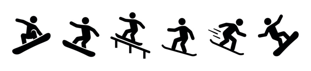 Fototapeta premium Black snowboarder pictogram icon set showing various actions and poses, including riding, jumping, grinding on a rail, and moving at speed in a minimalist style