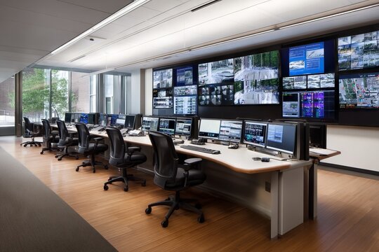Modern Command Center with Monitors and Workstations for Monitoring Operations