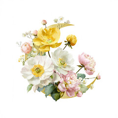 Naklejka premium Flowers in soft colors arranged in a circular shape on a simple background during springtime