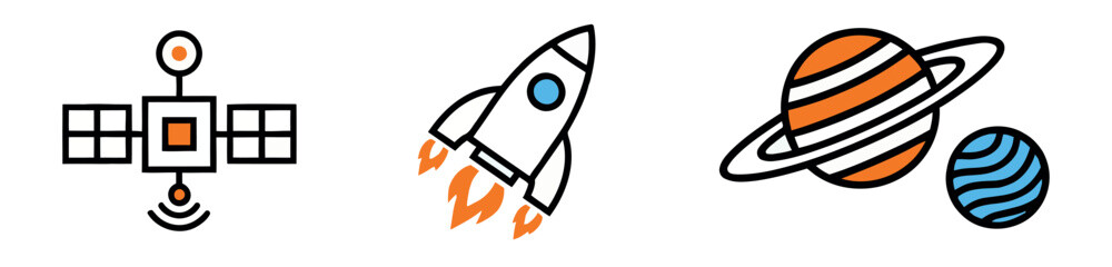 Vibrant space icons featuring a communications satellite, a launching rocket, and the planet Saturn with a smaller moon. © Lili