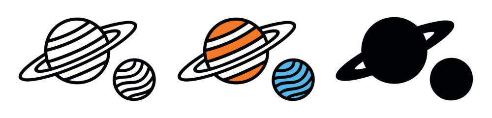 Saturn with rings and moon icon in three styles: line art, orange and blue color, and solid black silhouette. © Lili