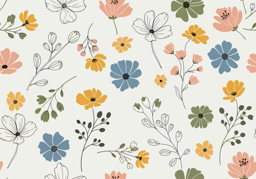 Colorful spring floral vector background pattern with seamless watercolor repeat design