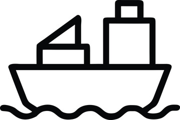 This simple outline illustration depicts a cargo ship icon sailing on ocean waves, symbolizing global logistics