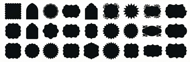 Collection of black silhouette shapes and icons on white background for design and graphic resources