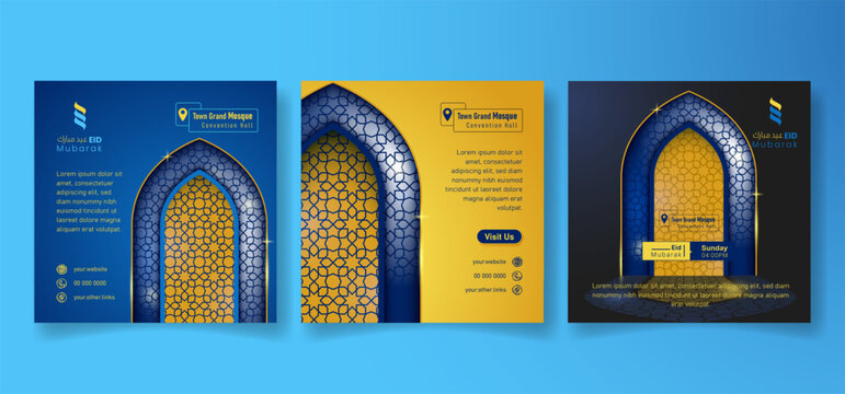 Set of social post template in blue yellow with mosque arch design for eid mubarak
