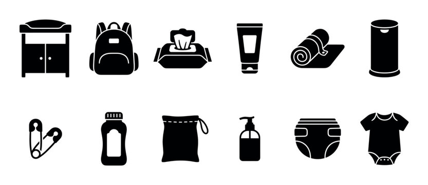 Collection of black silhouette baby care icons showing a changing table, diaper bag, wet wipes, cream, mat, pail, pins, powder, soap, diaper, and onesie for a newborn