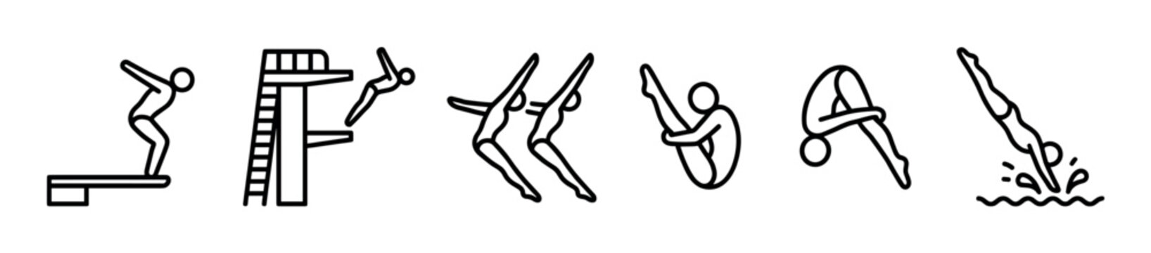 Set of black line art diving icons showing athletes in various positions, from springboard preparation and synchronized jumps to tuck and pike forms entering the water