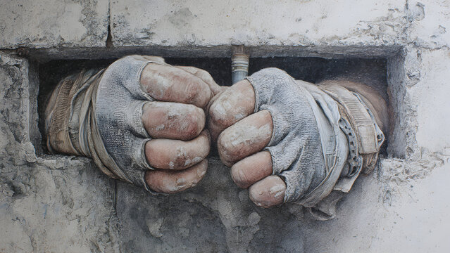 Realistic hyperreal shot of hand with wood trowel at sun flare construction site, laborer focus. (96 chars)