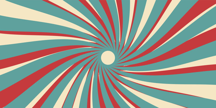 Circus or carnival rays background layout with vector grunge texture. Retro spiral pattern with red, white and blue radial stripes of vintage circus, carnival, fair or chapiteau big top tent