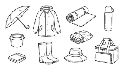 Obraz premium Set of black and white line art illustrations showing outdoor gear for camping, hiking, and picnics, including a raincoat, umbrella, boots, thermos, and cooler bag