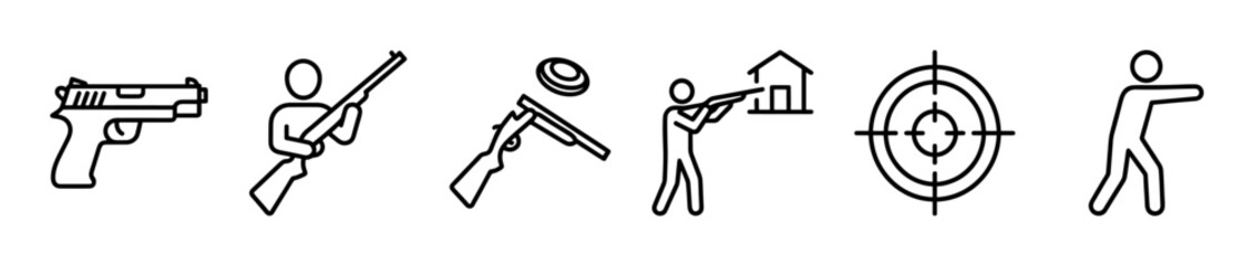 Obraz premium Set of black line icons representing shooting sports and firearm activities, including a pistol, rifle, clay pigeon shooting, a target, and a person aiming a weapon