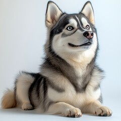 Fototapeta premium A friendly husky lounges, showing off its blue eyes and soft fur