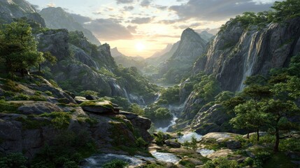 Majestic mountain landscape with waterfalls and lush green vegetation