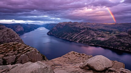 Dramatic landscape of fjord and rainbow under cloudy sky