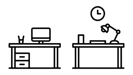 Minimalist line art illustration of home office workspace and study desk setup. © firman