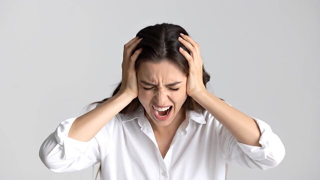 Stressed woman shouting with hands on head expressing emotional overload anxiety and frustration