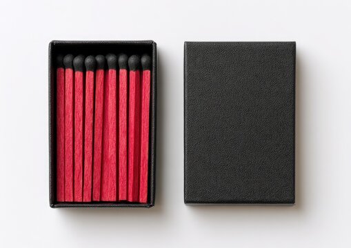 Overhead studio shot of an open matchbox with red matches and a closed black box