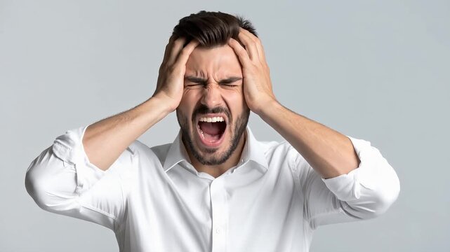 Man shouting with hands on head expressing stress frustration and emotional overload