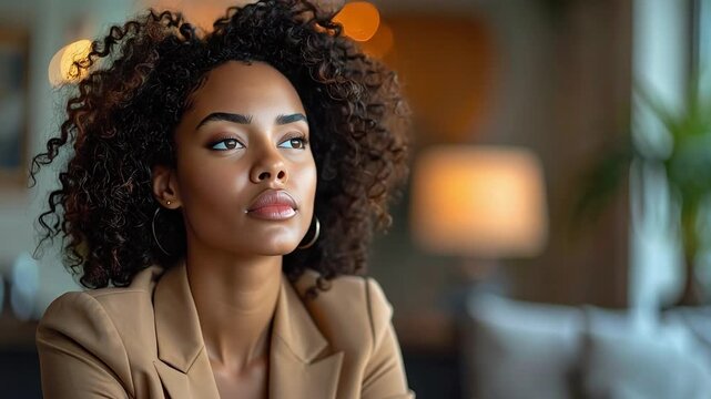 A young woman with curly hair sitting indoors and looking down thoughtfully in a calm modern living space