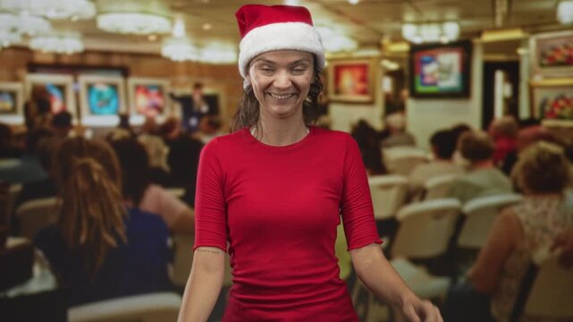 Woman in santa hat and red shirt raises fists cheering in an auction building amid seated crowd and framed art; holiday celebration.